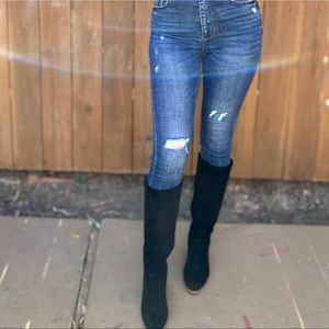 Black faux suede over the calf boots